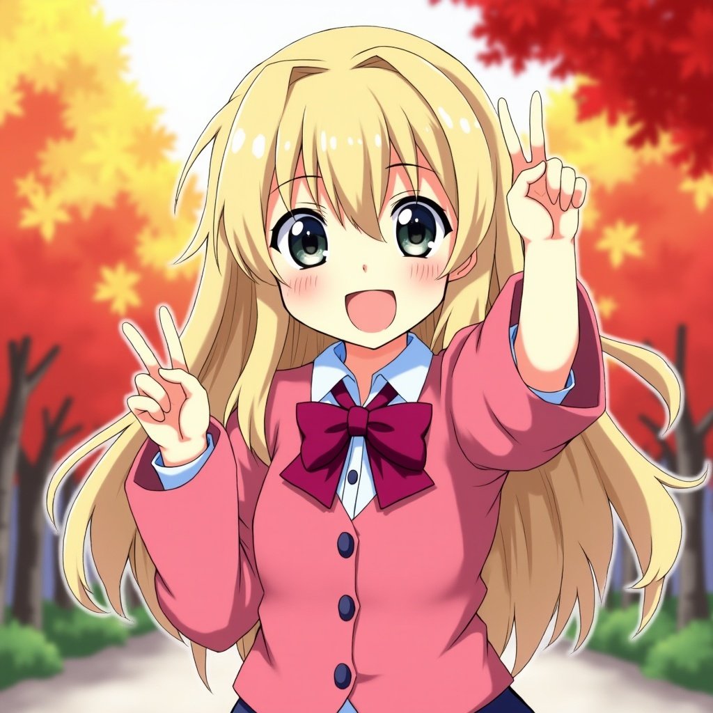 The image features an anime girl giving a peace sign. She is wearing a Japanese school uniform that includes a hot pink button-up shirt and a magenta bow. Her long, dirty blonde hair is styled loosely, which adds a playful flair to her appearance. The background is filled with vibrant red and yellow trees, showcasing a serene autumn atmosphere. The character’s expression conveys a mix of mischief and friendliness, making her appear inviting and cheerful.