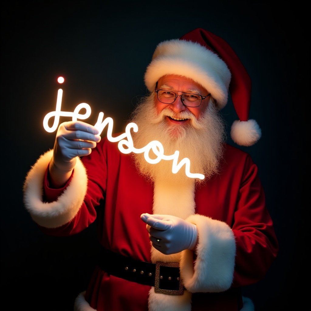 This image features Santa Claus in his classic red and white suit. He is joyfully holding a glow stick that spells out the name 'jenson' in bright light. The background is dark, making the glowing text stand out beautifully. Santa's expression is one of warmth and holiday cheer. This scene encapsulates the festive spirit of Christmas, inviting joy and magic to the viewer.