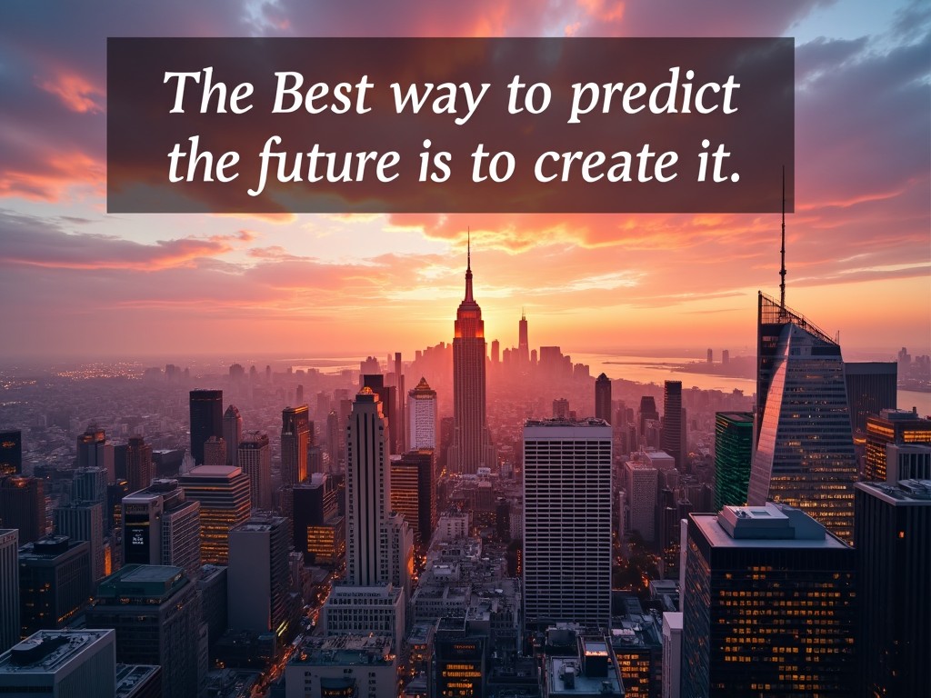 Sunset over New York City skyline with motivational quote overlay