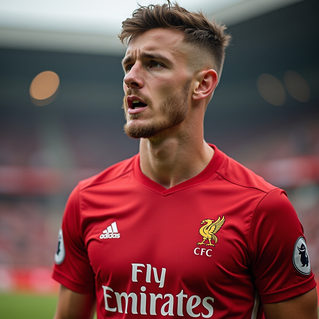 The image features a young football player wearing the Liverpool FC jersey, standing on the field with an intense expression. He appears focused and determined, as if preparing for an important play. The background is slightly blurred, hinting at a lively football match atmosphere. The player's tousled hair and the vibrant red of the jersey draw attention to him as the main subject. This image captures the essence of competitive sports, showcasing the dedication and passion athletes have for their game.