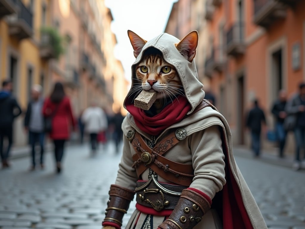 A cat dressed as an assassin, complete with a hood and a stealthy pose, dominates the cobblestone streets of a European city. The scene blends fantasy with reality, as the feline wears intricate leather armor and a red cape, standing against a backdrop of blurred pedestrians and warm-toned buildings.