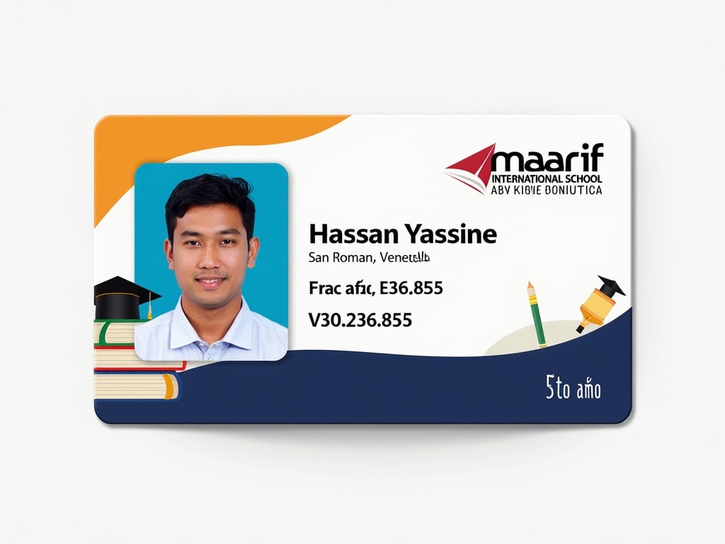 The image showcases a student identification card. It features the name 'Hassan Yassine' prominently displayed. Below the name is the student's location, 'San Roman, Venetllb.' The card includes academic information like the course and year, indicated by '5to año.' A stylized school logo and images of books and a graduation cap enhance its educational theme. The card uses a blue and white color scheme, making it professional yet appealing.