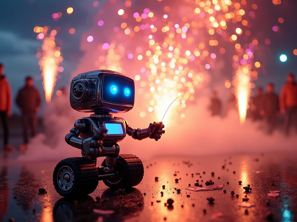 In this exciting and dynamic scene, a small, friendly robot named PyroBo stands confidently on a wet surface, holding a sparkler. Behind it, a stunning display of fireworks lights up the night sky, creating a magical atmosphere. The robot's blue eyes glow brightly as it enjoys the celebration. Surrounding PyroBo are blurred silhouettes of people, adding depth to the scene and emphasizing the festive mood. The combination of technology and tradition makes this moment feel unique and joyous. This image captures the essence of merging modern robotics with the timeless thrill of fireworks hobbyists.