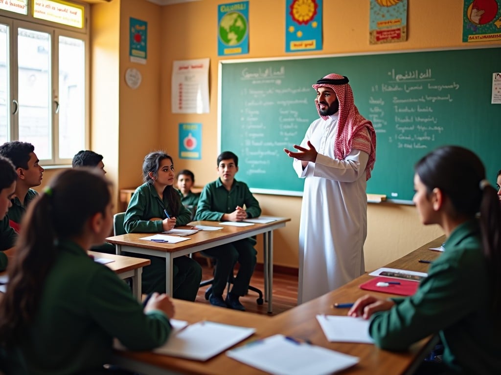 The image depicts a classroom setting where a teacher in traditional attire is engaging with a group of students. The students are focused and listening attentively as the teacher conveys knowledge. The room is decorated with educational posters, indicating a vibrant learning environment. Desks are arranged in a way that promotes interaction, allowing students to participate actively. Natural light fills the room, enhancing the overall atmosphere of engagement and learning.