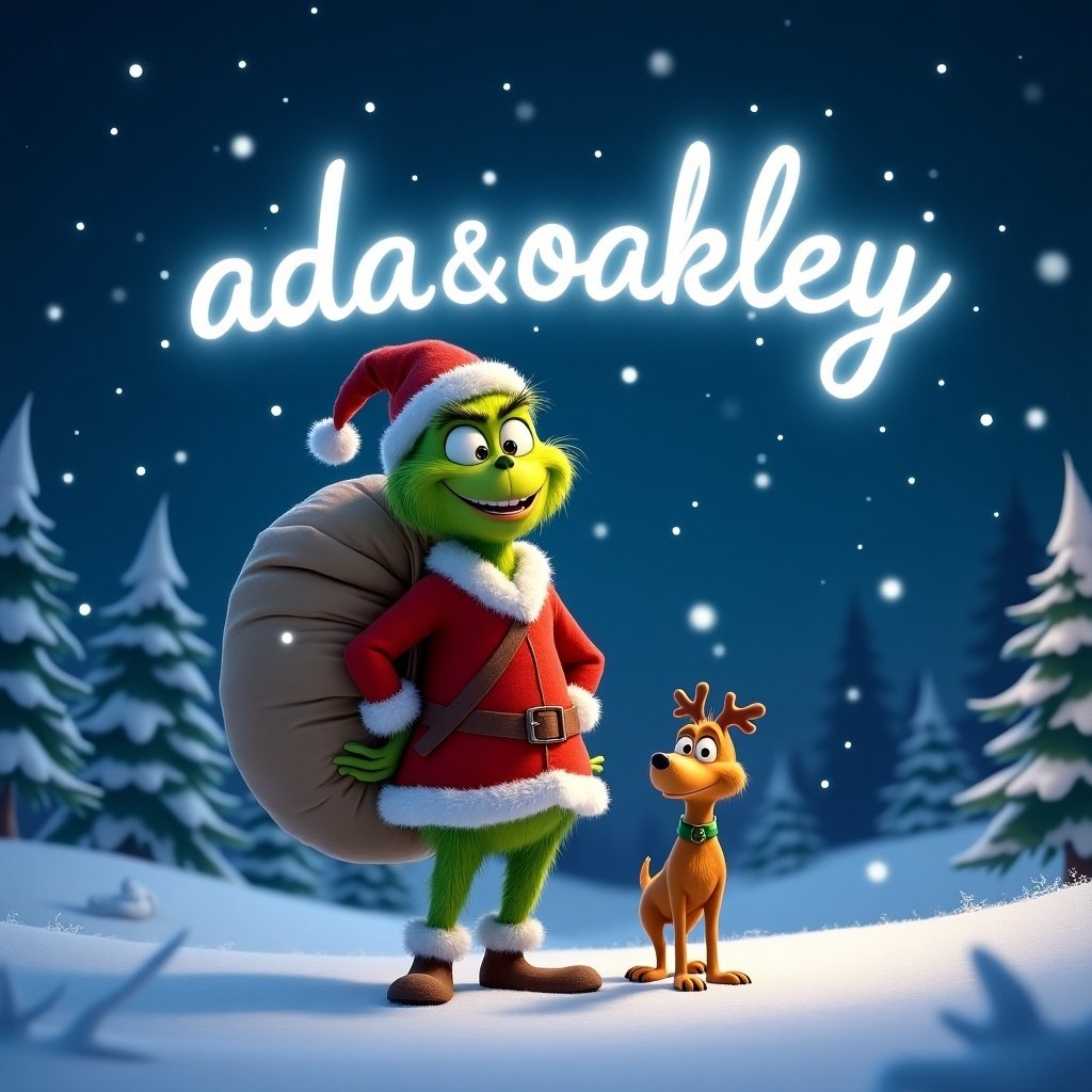 A smiling Grinch stands in a snowy landscape, embodying the spirit of Christmas. He is wearing a traditional red suit with white trim and has a large sack on his back. The name 'ada&oakley' is written in the sky with a magical light. Beside him, his companion Max smiles happily. The background features a majestic starry night sky adorned with sparkling stars, while soft snowflakes gracefully fall around them. Pine trees in the distance enhance this enchanting winter wonderland feel.