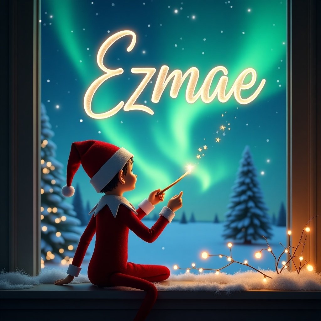 An enchanting scene featuring an elf on the shelf with his back to the viewer, facing a beautiful winter sky. The elf is dressed in a classic red outfit with a Christmas hat and is using a wand to elegantly write the name 'Ezmae' in the sky. The backdrop is filled with swirling northern lights that add to the magical atmosphere. Snow-covered trees adorn the background, adding to the festive feel. Strings of twinkling lights can be seen in the foreground, enhancing the warmth and charm of this holiday scene.