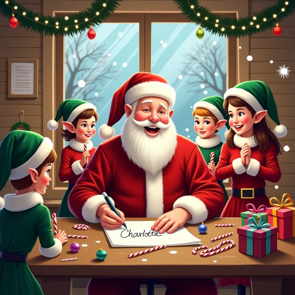 This is a joyful Christmas scene inside a workshop. Santa Claus is surrounded by cheerful elves, all smiling and engaged in festive activities. The elves are wearing green hats and red outfits, while Santa is dressed in his classic red suit. Brightly wrapped presents are scattered around the table, adding to the holiday spirit. Candy canes and colorful ornaments decorate the scene. Snow is visible through the cheerful window, implying a cozy winter atmosphere. Warm lights and decorations enhance the festive mood, and Santa is writing the name Charlotte.