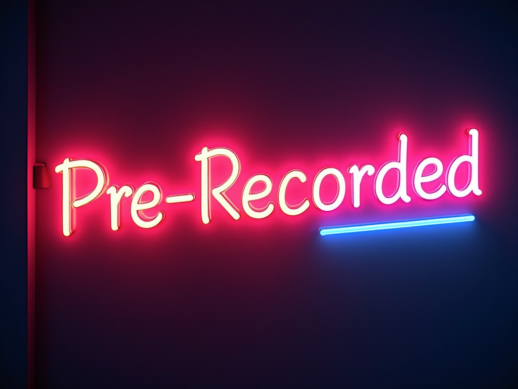 This image features a vibrant neon wall sign that reads 'Pre-Recorded'. The bright pink and neon blue colors create a modern and eye-catching look. The sign is well-lit and casts a warm glow on its surroundings. It is displayed against a dark background, enhancing its visibility. The design suggests a focus on media and entertainment, making it ideal for advertising purposes.