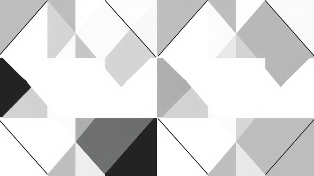 This image features a series of geometric shapes arranged in a symmetrical and harmonious pattern. The composition is predominantly monochrome, utilizing shades of black, white, and gray to create an illusion of depth and complexity. The arrangement of triangles and rectangles blends to form a modern and abstract visual experience.