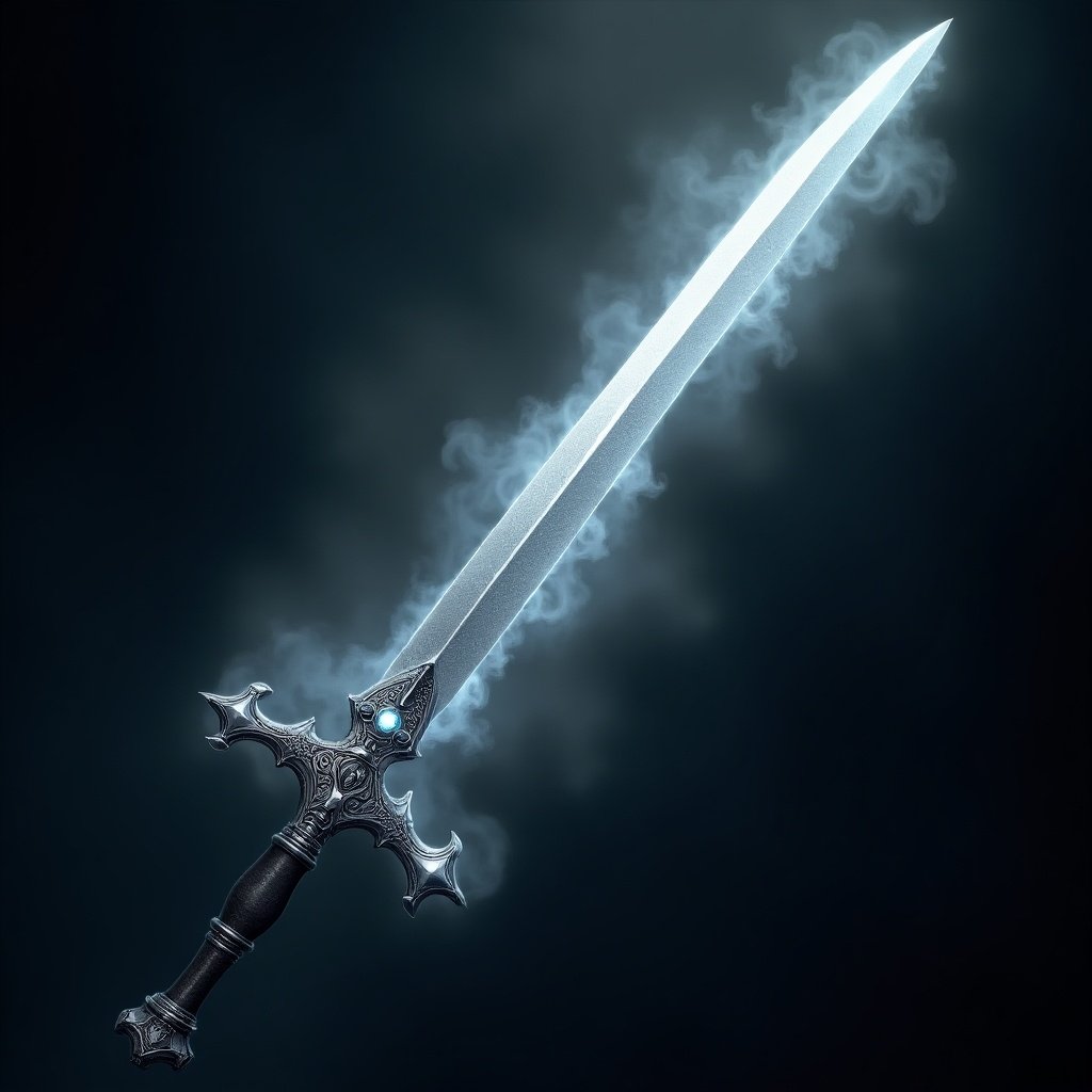 The image showcases a beautifully designed fantasy sword, a curved silver greatsword glowing with an ethereal light. The blade features intricate detailing, suggesting magical properties that enhance its allure. The hilt is decorated with ornate patterns that contribute to the sword's overall elegance. Surrounding the sword is a misty aura, adding a sense of depth and intrigue to the piece. This image encapsulates the essence of fantasy weaponry, perfect for art enthusiasts and gamers alike.