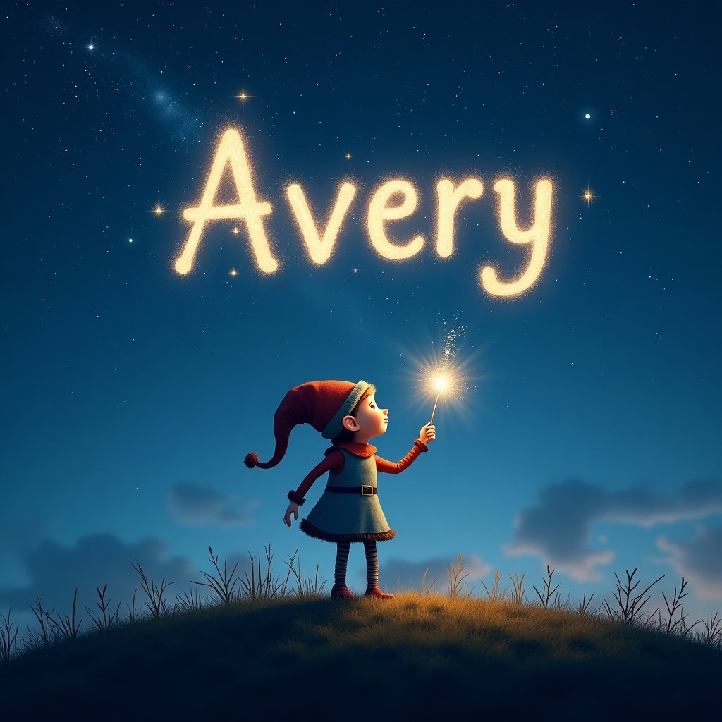 A whimsical scene featuring an elf-like figure standing on a hill under a starry sky. The elf is gracefully writing the name 'Avery' in glowing light above. Soft twilight hues illuminate the landscape as the elf holds a sparkling wand. This enchanting setting evokes a sense of wonder and creativity. The night sky provides a stunning backdrop to the whimsical scene, enhancing the magical atmosphere.