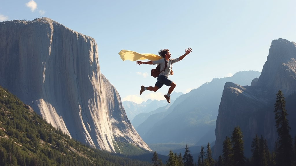 A person with a yellow cape leaps joyfully in front of stunning mountain scenery.