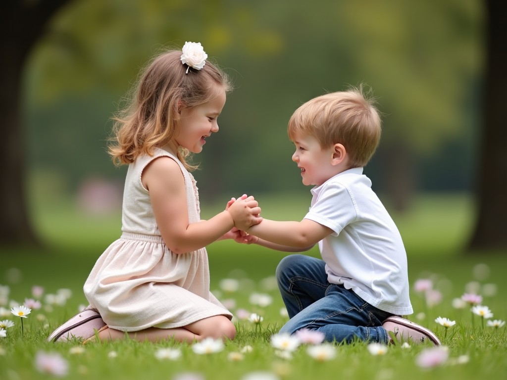 Two young children playing together in a park, surrounded by grass and flowers, holding hands and smiling at each other, captured in soft, natural lighting.