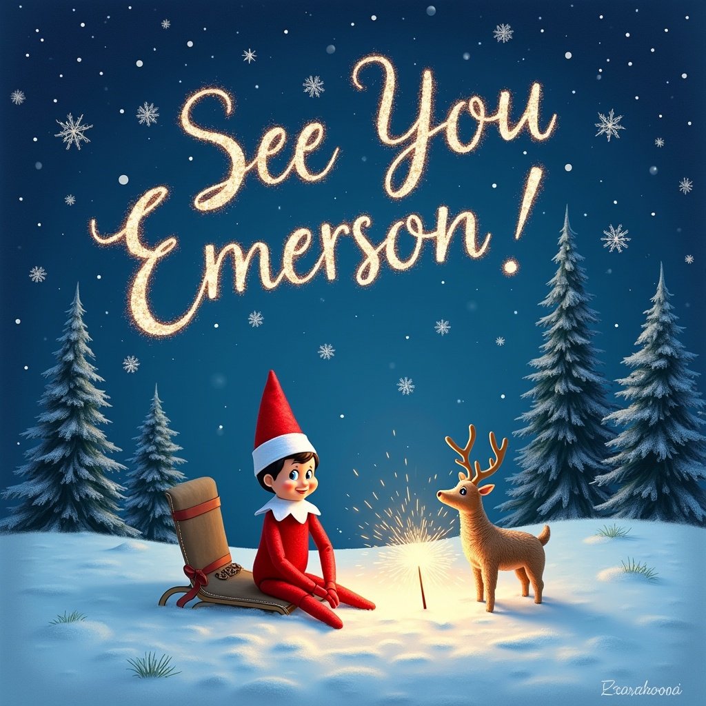 This image captures a whimsical Elf on the Shelf sitting on the snowy ground next to a cheerful reindeer. The setting is a magical snowy night with twinkling stars in the deep blue sky. Above the characters, the phrase 'See You Soon Emerson!' is written in sparkling lights, resembling words formed by sparklers. The elf is wearing a classic red and white outfit, and the reindeer looks friendly and inviting. Snowy trees surround the scene, adding to the festive holiday atmosphere. It's a joyful illustration that brings the warmth of the holiday spirit to life.