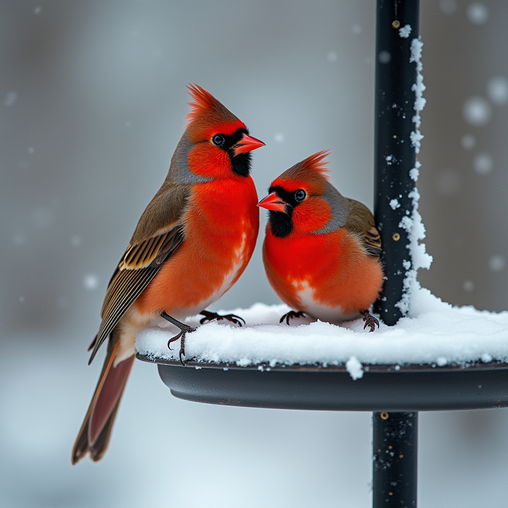 Two vibrant red cardinals are perched on a snowy surface during snowfall.