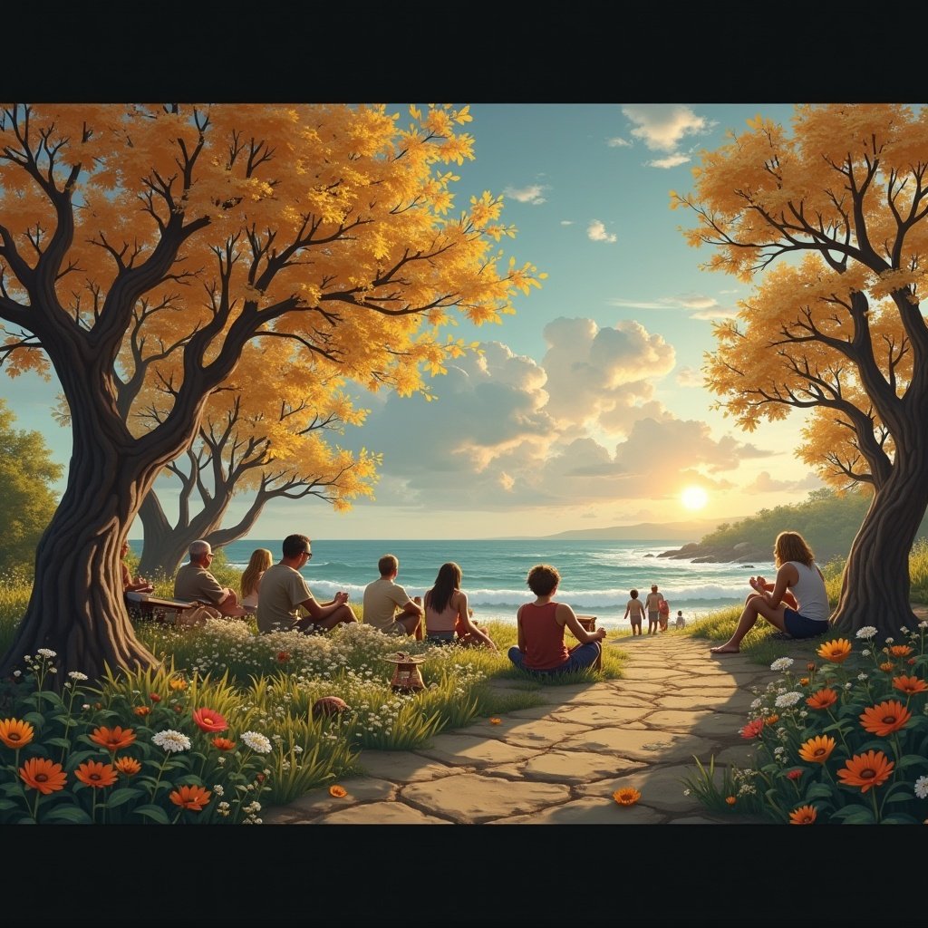 The scene depicts a tranquil beach setting during sunset. A diverse group of people sits on a stone path, surrounded by blooming flowers and golden autumn trees. They are facing the ocean, where individuals walk along the shore, enjoying the moment. The warm hues of the sunset illuminate the sky and the landscape. This idyllic environment evokes feelings of peace and community as nature harmoniously intertwines with human presence. It's perfect for themes related to mindfulness, wellness, and outdoor experiences.