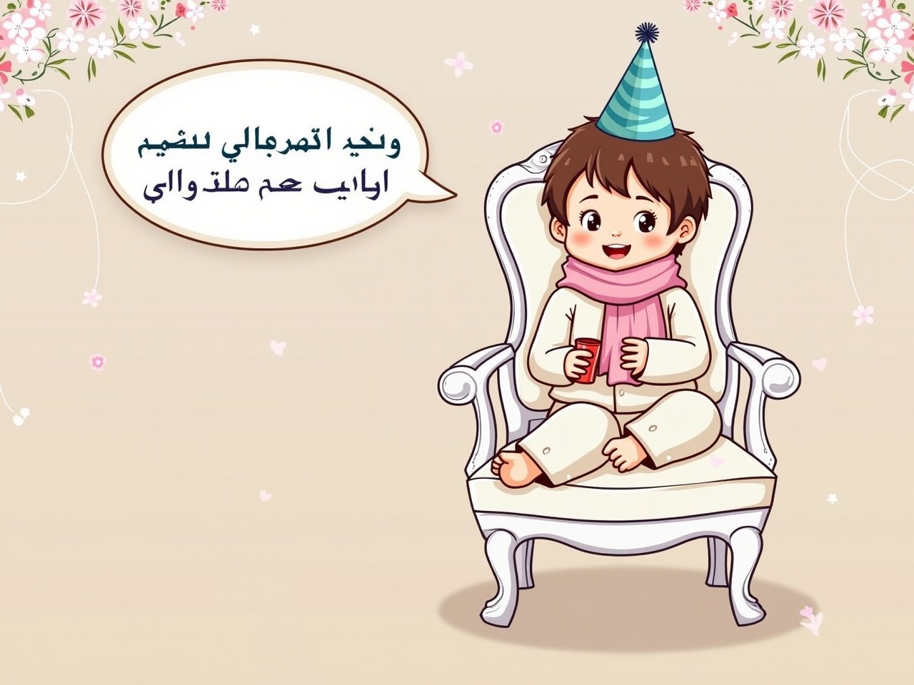 The image features a cute baby sitting on a decorative chair. The baby is wearing a light-colored outfit with a matching scarf and appears to be holding a small cup. There's a festive party hat on the baby's head, making the scene look celebratory. A speech bubble is present, saying 'تولدتانتان مبارک مامان بزرگ', which translates to 'Happy Birthday Grandma!' in Persian. The background is adorned with floral designs, enhancing the cheerful atmosphere of the image.