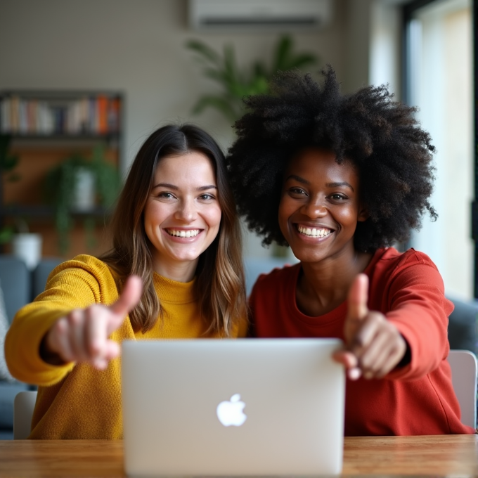 Two smiling people give thumbs up behind a laptop in a cozy room.