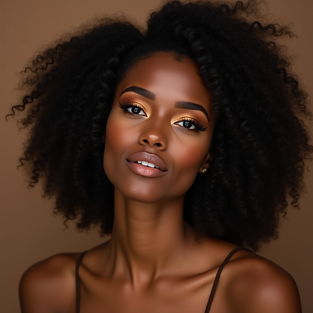 A woman with voluminous natural hair and glowing golden makeup gazes directly at the camera.