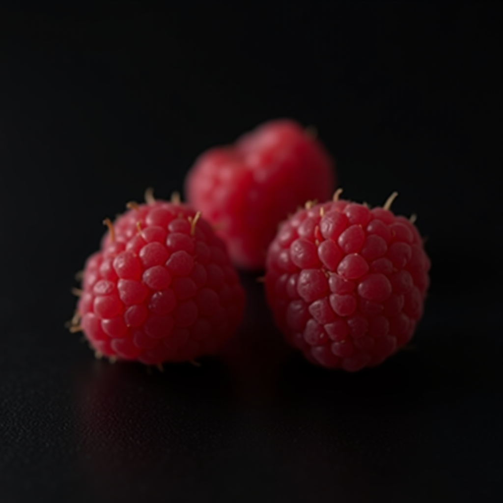 Three ripe raspberries arranged on a dark surface.