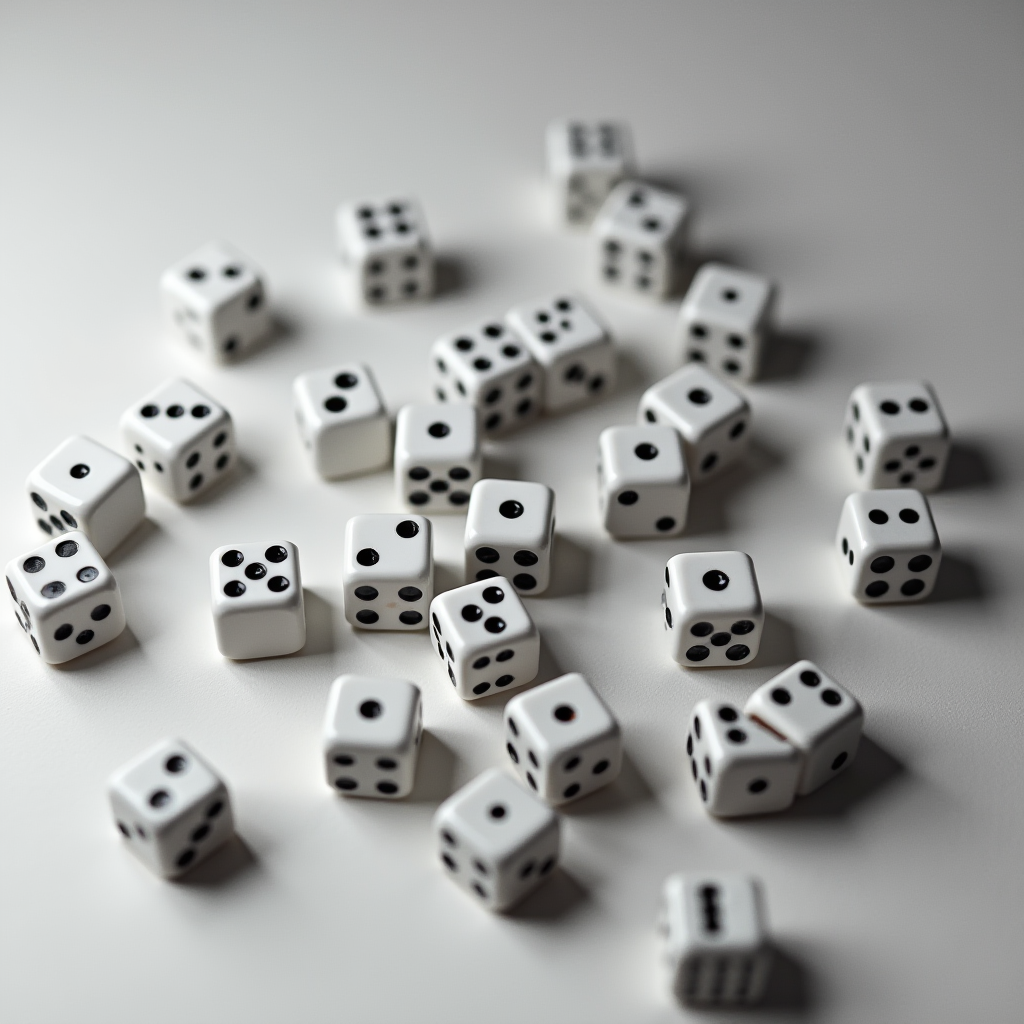 A scattering of white six-sided dice with black dots, displaying random numbers, on a smooth, reflective surface.