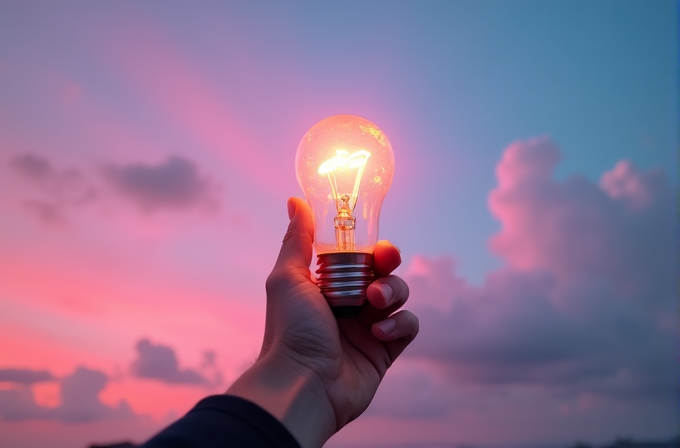 A hand holds a pink-lit incandescent bulb against a serene sunset sky, blending hues of purple and blue.