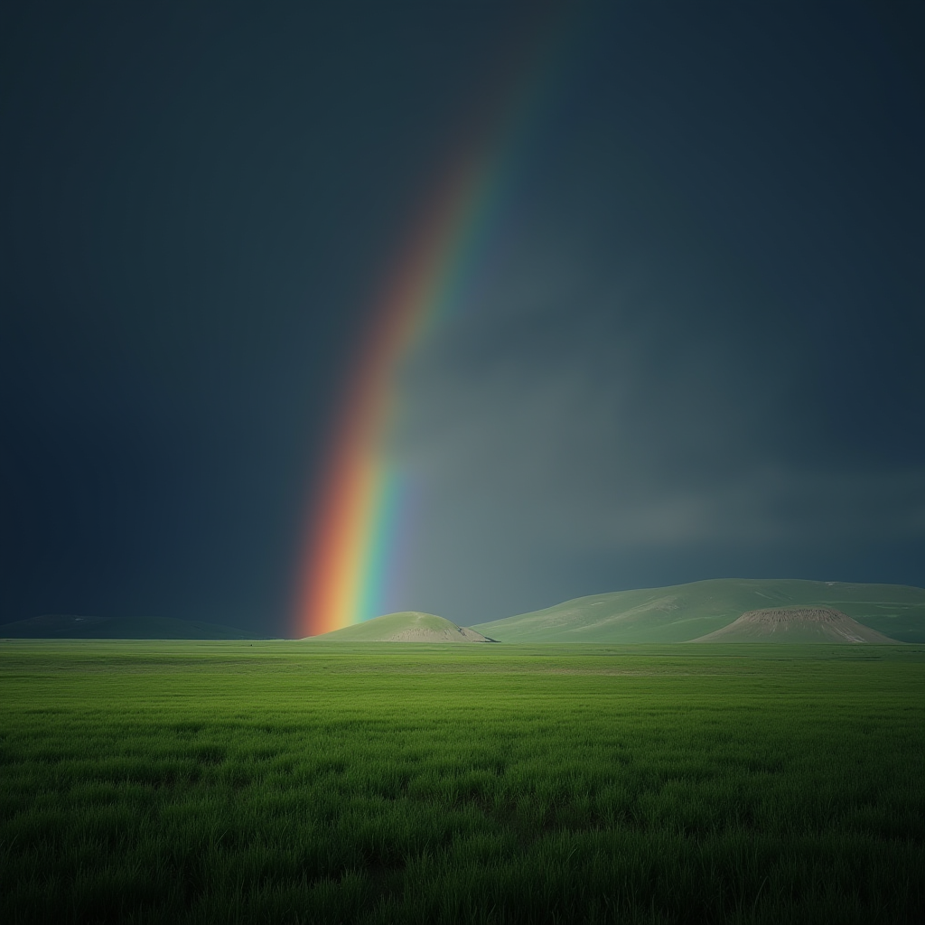 A vibrant rainbow arcs over a lush green field against a dark, brooding sky.