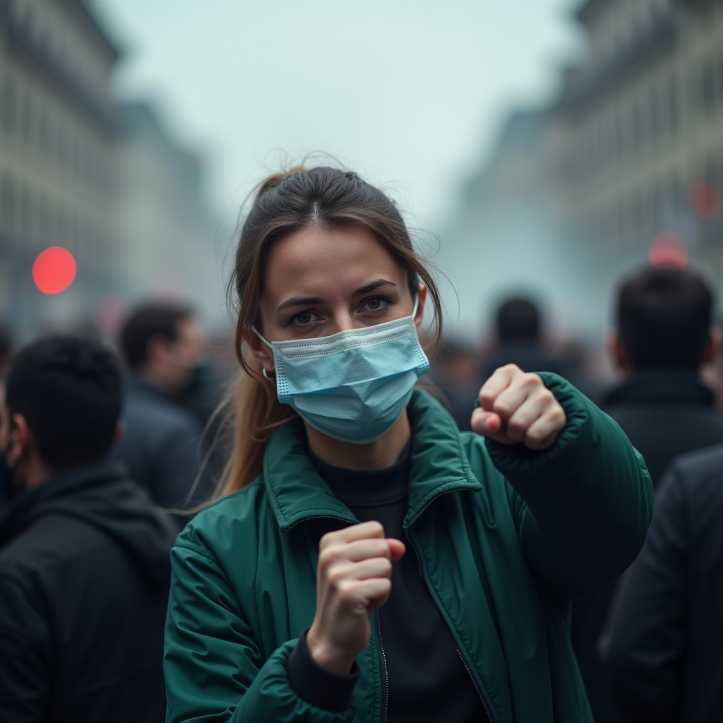 A woman wearing a mask stands in a crowded city street, striking a determined pose amidst a foggy atmosphere.