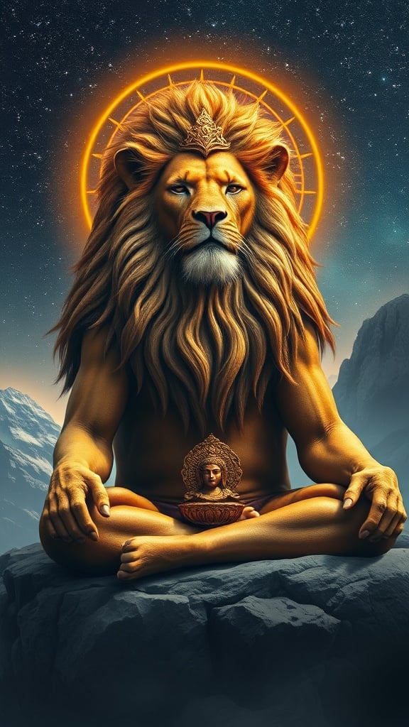 The image features a majestic lion seated in a meditative pose atop a mountain peak, exuding a sense of calm power. The lion's head is encircled by a golden halo, signifying divine wisdom or enlightenment, and it holds a small intricate sculpture of a serene figure at its center, adding layers of spiritual symbolism. The starry night sky in the background enhances the ethereal quality of the scene.