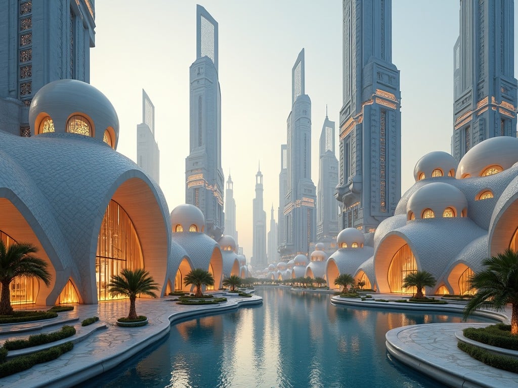 A futuristic cityscape featuring domed buildings and towering skyscrapers along a tranquil waterway.