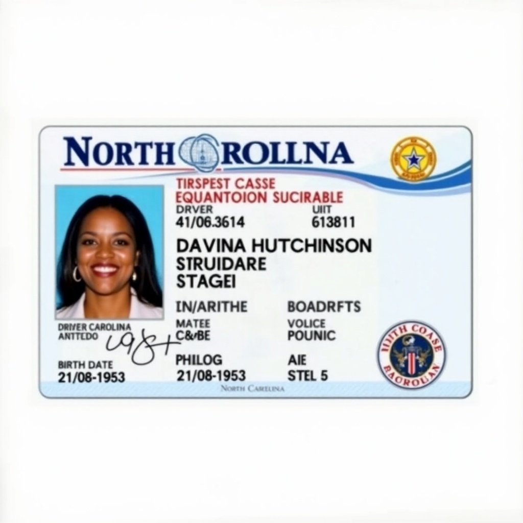 This image depicts a North Carolina driver license card. The card presents the name Davina Hutchinson and indicates an age of 71 years. Her birth date is recorded as 21/08/1953. The design follows a standard government layout, giving it an official appearance. The identification photo shows a clear headshot of the individual. Overall, the aesthetic is clean and professional, making it suitable for identification purposes. The card features typical elements found in legal forms of identification.