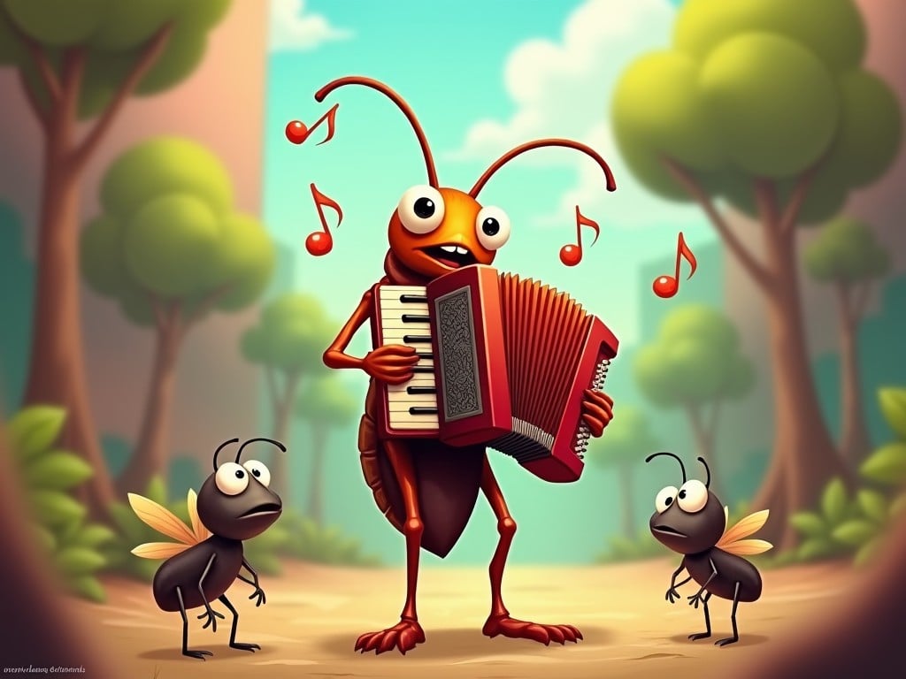 A charming roach playing an accordion, with a whimsical and cartoonish style. The scene is brightly lit, showcasing the intricate details of the roach and the tiny musical instrument.