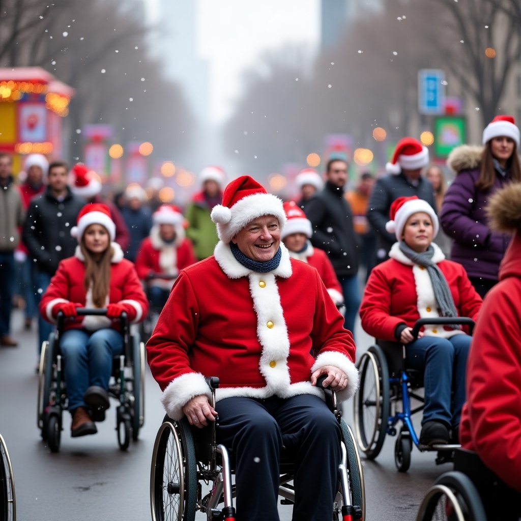 This image showcases a lively Santa Claus Parade, filled with people celebrating the holiday spirit. The main focus is on a group of individuals in wheelchairs, all adorned in festive Santa outfits, creating an inclusive atmosphere. The setting is vibrant with decorations and a sense of community as others in the background also participate in the celebration. Gentle snowflakes fall, adding to the festive winter wonderland feel. The overall mood is joyful, promoting acceptance and inclusivity during the holiday season.