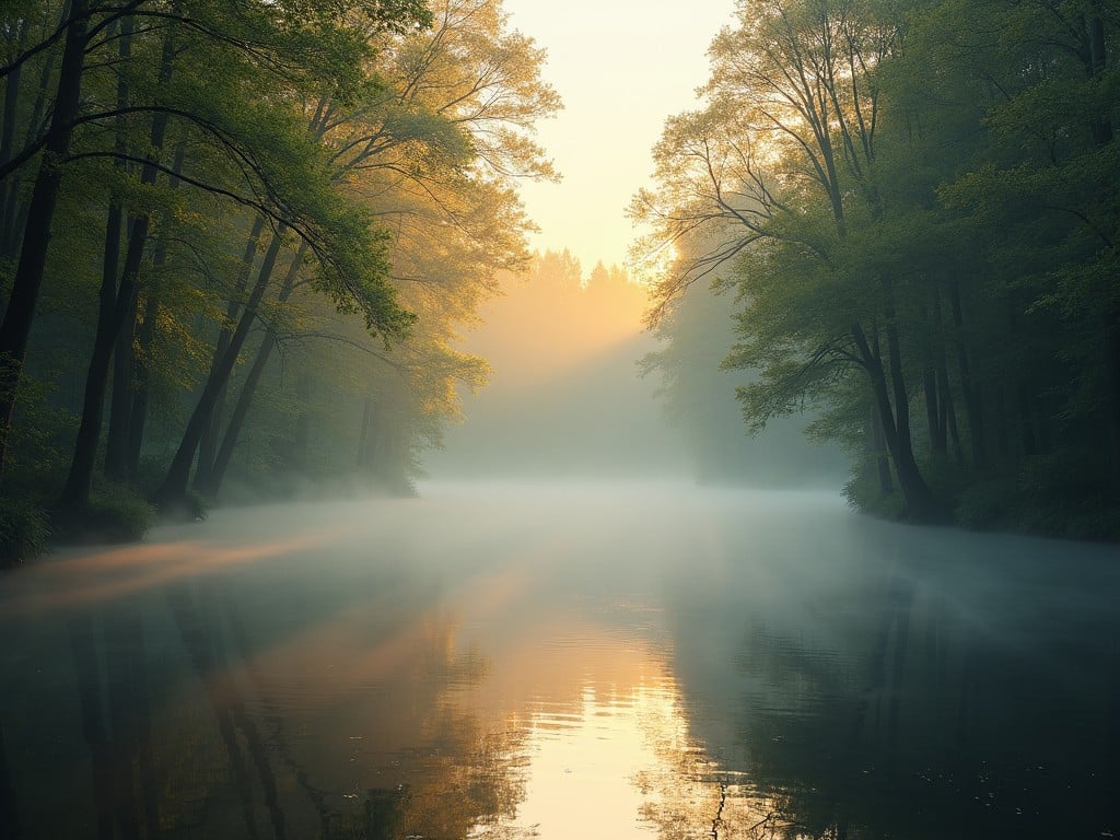 A serene riverscape during a misty morning. The scene features a calm river bordered by trees with vibrant green leaves. The sun is rising in the background, casting a warm golden light over the water. Soft mist rises from the surface of the river, creating a tranquil atmosphere. The overall feeling is peaceful and inviting, perfect for nature lovers and relaxation seekers.