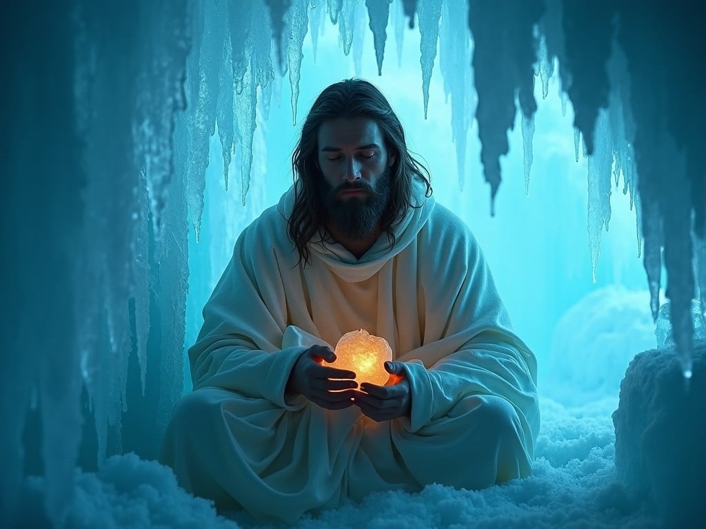 The image depicts a religious figure sitting in an ice cave, enveloped by shimmering ice formations. The scene is illuminated by a cool blue light that contrasts with the warm glow of the object in the figure's hands. The figure appears deep in thought, symbolizing themes of solitude and spiritual reflection. The intricate details of the ice formations create a mystical atmosphere. Overall, the image evokes a sense of peace and introspection.