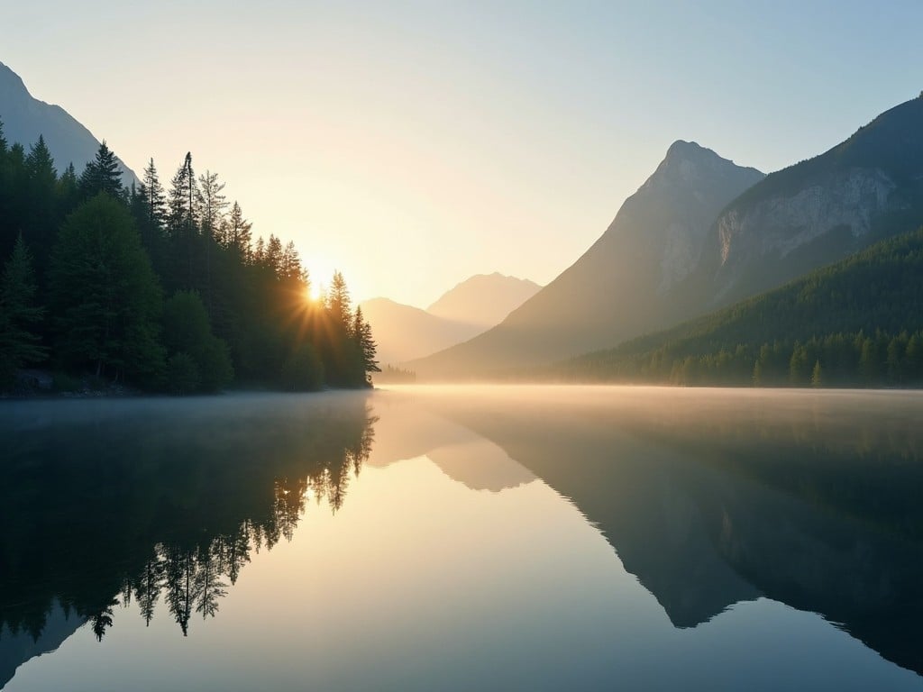 a tranquil sunrise over a mountain lake with mist and forest reflections