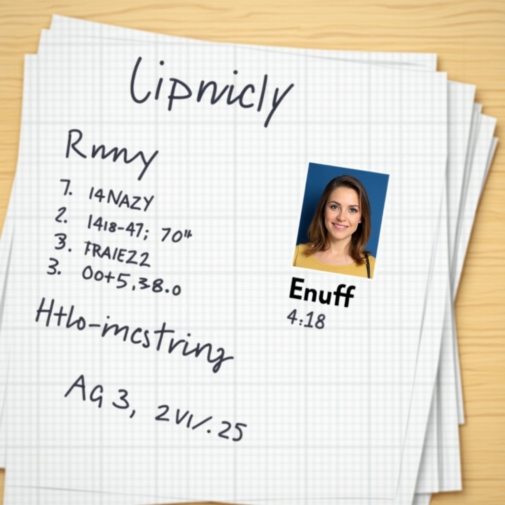 This image displays a sheet of paper containing personal information. It features a neatly organized layout with the name 'Enuff', alongside an age of 18. The identification photo is prominently placed, providing a clear headshot that enhances the official appearance. The overall design is clean and professional, ideal for identity verification purposes. This paper could be used in contexts like job applications or educational documentation.