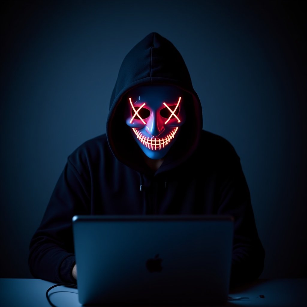 A person in a dark hoodie sits at a desk in low lighting, their face obscured by an eerie LED mask that glows with red lights. The mask features a creepy smile and crossed eyes, creating a mysterious and unsettling atmosphere. The laptop in front of them reflects faint light, suggesting a digital world unseen. This setting evokes a sense of intrigue and suspense, making viewers curious about the character's intentions. The overall ambiance blends elements of technology and horror, ideal for captivating a modern audience.