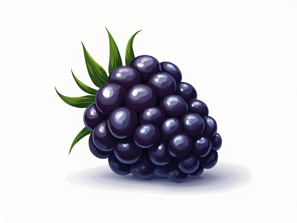 This image showcases a digital illustration of a plump blackberry, highlighted by its deep purple color and glossy texture. The berry's spherical segments are intricately detailed, showing reflections of light that enhance its fresh appearance. Accompanied by vivid green leaves, the fruit is presented against a plain white background, emphasizing its natural beauty.