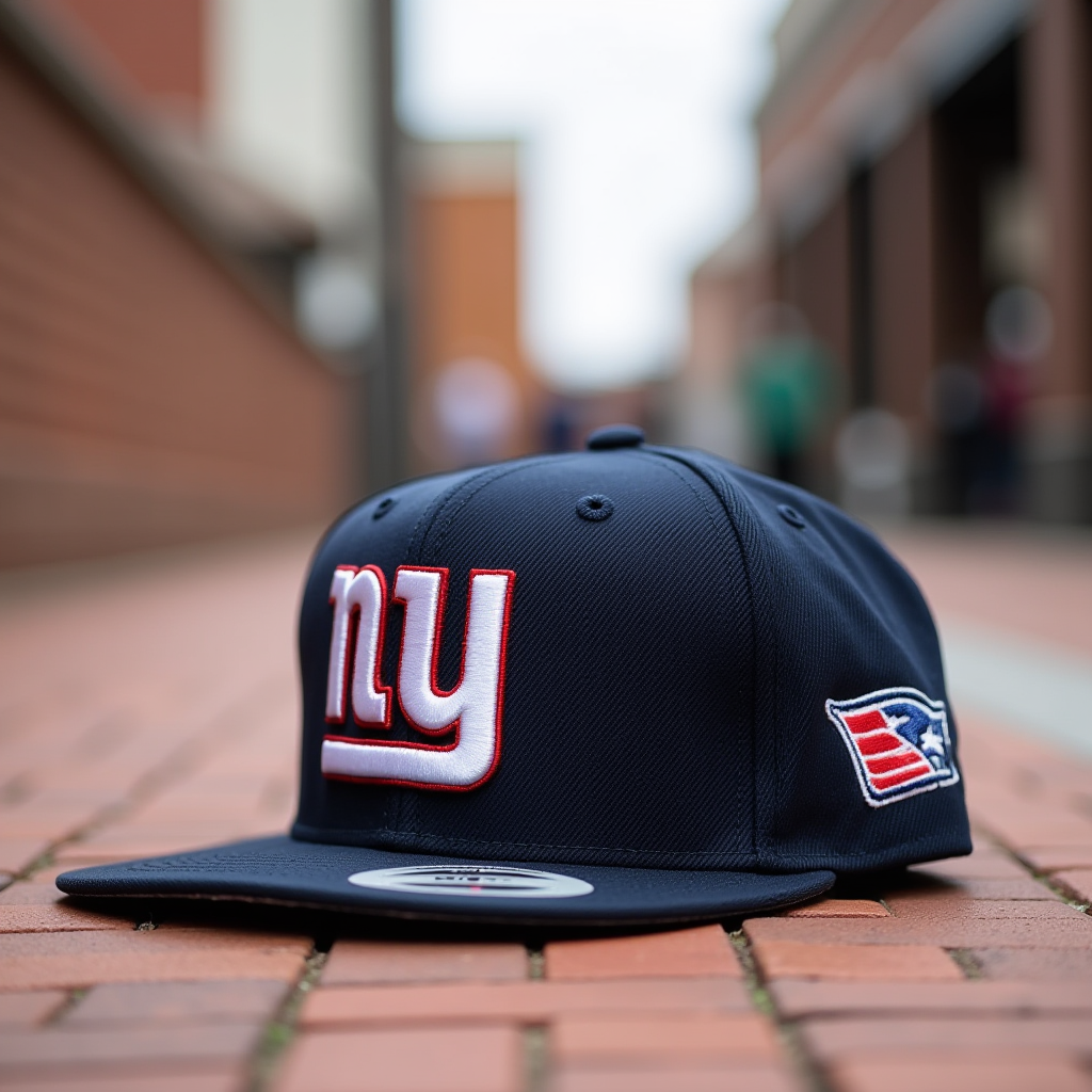 A navy blue baseball cap with the letters 'NY' on its front and a logo on its side lies on a brick pathway in an urban setting.