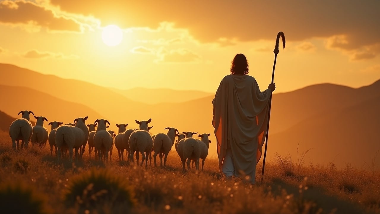 a shepherd leading a flock of sheep with a sunset in the background