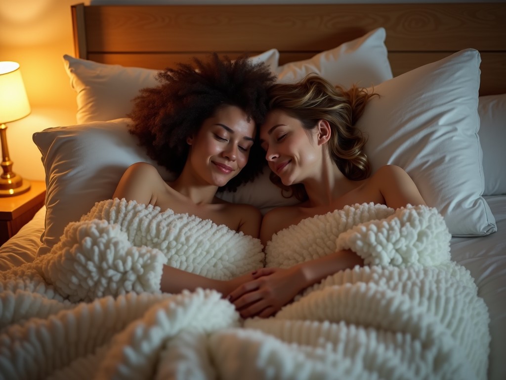 A cozy and intimate image of two people smiling and lying in bed under a fluffy blanket, in a warmly lit room.