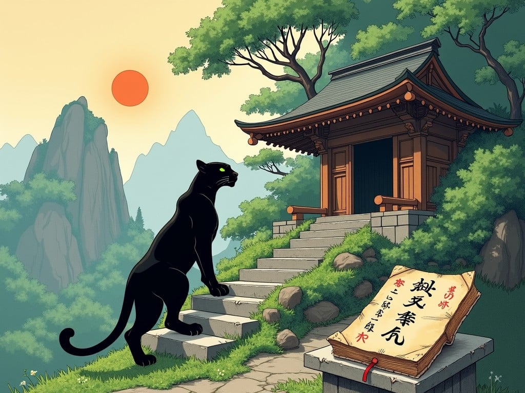 This illustration showcases a serene and mystical scene featuring a black panther poised on a stone pathway leading to an ancient oriental temple. The backdrop is made up of lush greenery and towering mountains, with a warm orange sun casting a gentle glow. In the foreground, an ancient scroll with calligraphy is placed on a stone pedestal, indicating an air of mystery and wisdom.