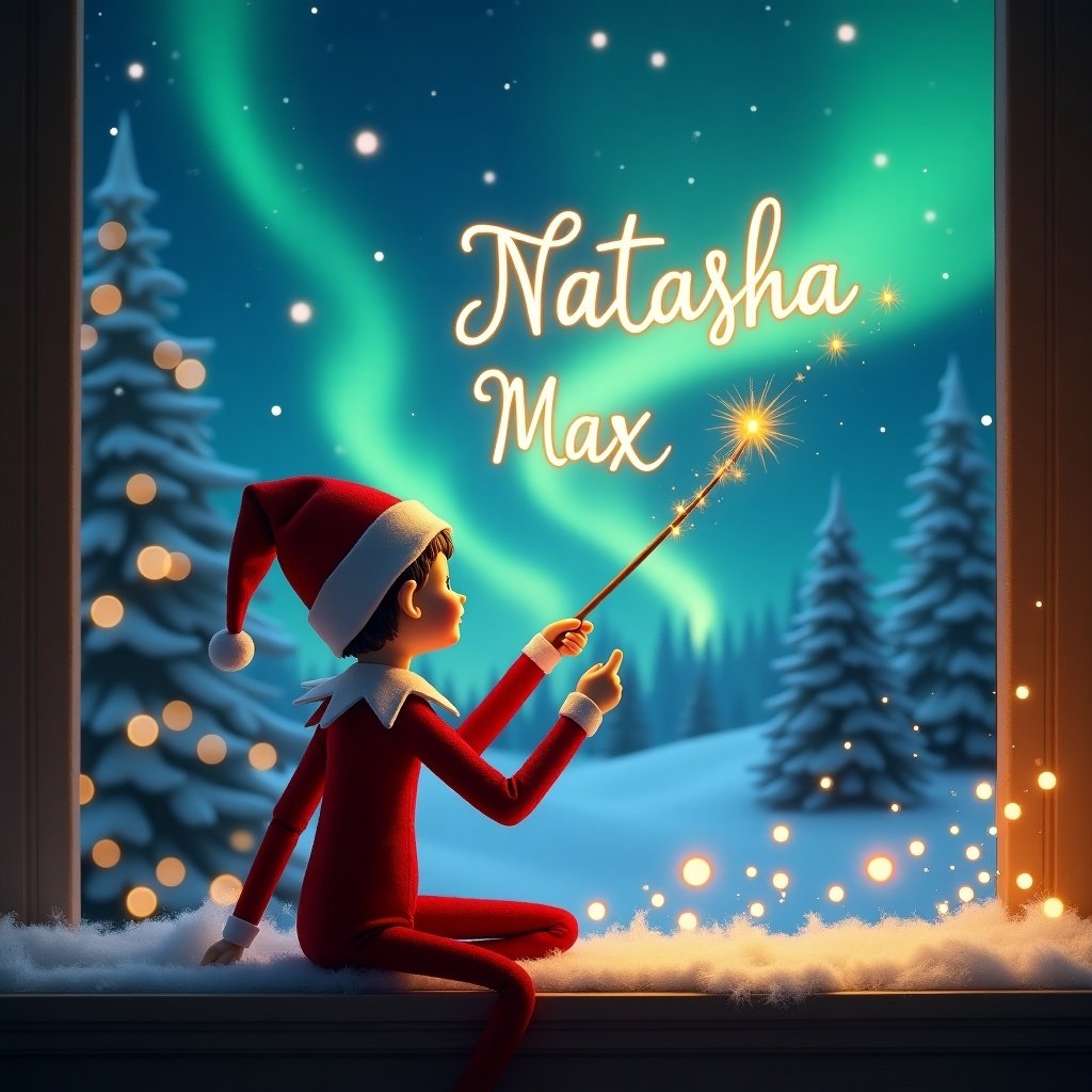 The image features an elf character on the shelf, facing away from the viewer. The elf holds a magic wand, poised to write the names 'Natasha' and 'Max' in the night sky. Behind the elf is a mesmerizing Christmas scene adorned with vibrant northern lights. Snow-covered trees frame the window, enhancing the magical feel of the setting. This enchanting scene captures the spirit of the holiday season and the wonder of childhood imagination.