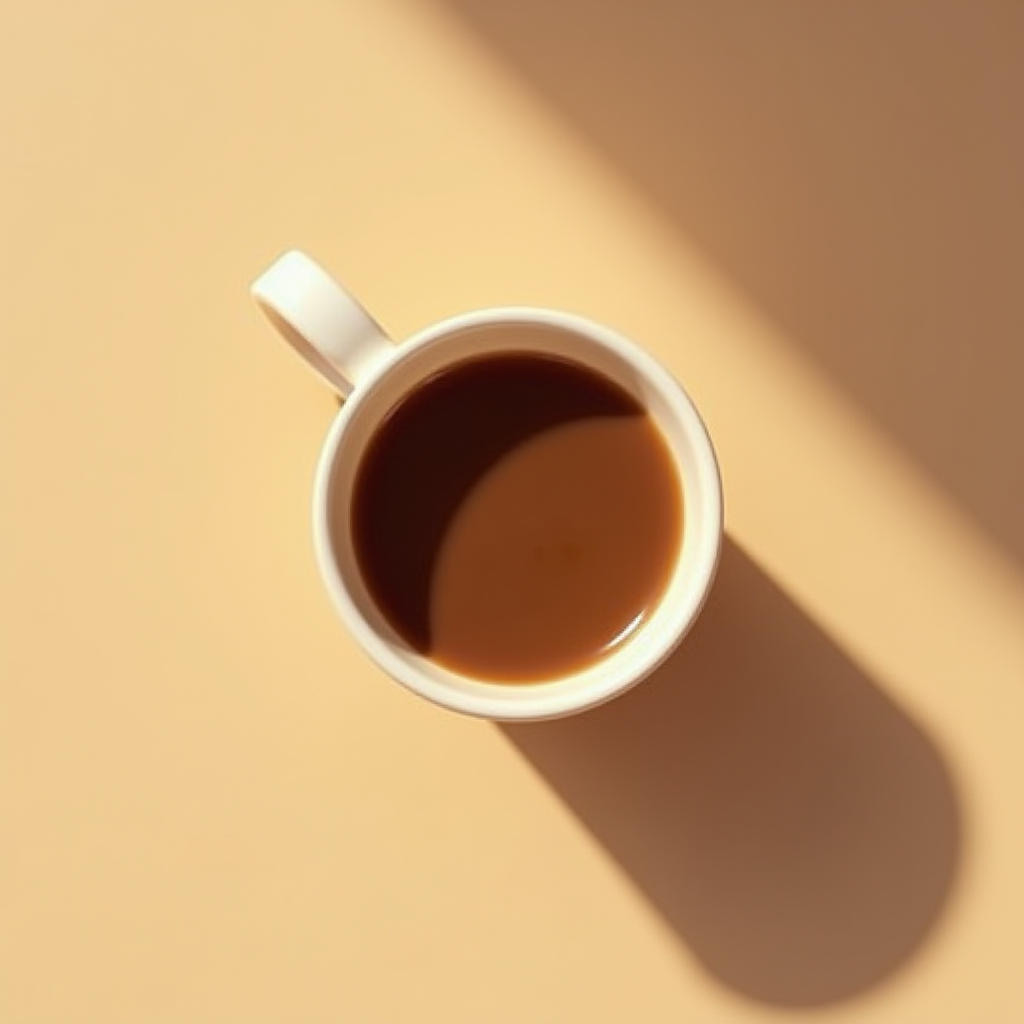 A white cup filled with coffee casts a long shadow on a smooth beige surface.