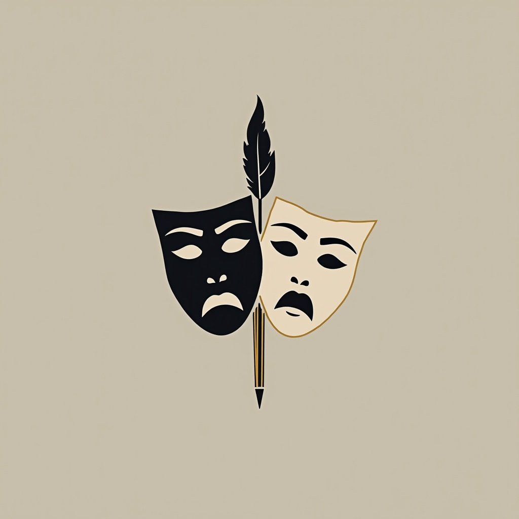 This design showcases a minimalist logo for the theater 'School.Classics.Theater'. It features simplified representations of comedy and tragedy masks, symbolizing the duality of performance art. A quill is placed between the masks, representing literature and creativity. The color scheme is monochrome with a touch of gold for elegance. The overall aesthetics are clean and modern, appealing to a younger audience while nodding to classical traditions. The name 'School.Classics.Theater' is integrated in a way that enhances rather than overshadows the graphic elements.