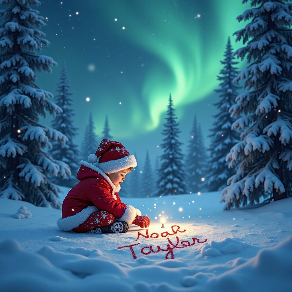 This enchanting scene showcases a young child dressed as Santa Claus, seated on a small platform amidst a snowy landscape. The child is focused on writing in the snow, with the words 'Noah Taylor' delicately formed. Above them, the northern lights illuminate the night sky, casting a magical glow over the serene winter setting. Tall pine trees, covered in snow, frame the background, enhancing the festive atmosphere. Soft snowflakes gently fall, adding to the enchanting winter wonderland feel.