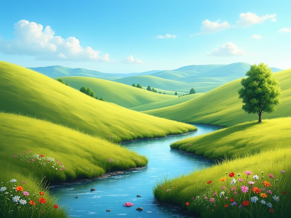 a serene landscape of lush green valleys with a clear blue stream flowing through, bright sunny day with scattered flowers and a single tree on the right, digital art