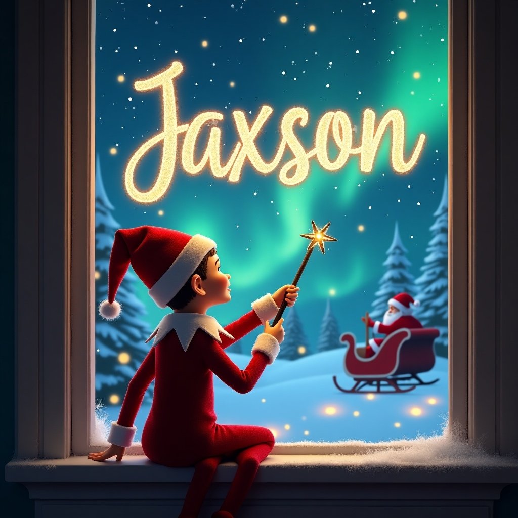 The image features a charming elf sitting on a window ledge. The elf is facing an enchanting winter scene, using a wand to write the name 'Jaxson' in shimmering letters against the night sky. Behind the elf, colorful northern lights dance in the sky, adding to the magic. In the background, Santa Claus can be seen in his sleigh, completing the festive atmosphere. The elf is adorned in a classic red outfit and a pointed hat, embodying the spirit of Christmas. This illustration captures the joy and wonder of the holiday season.