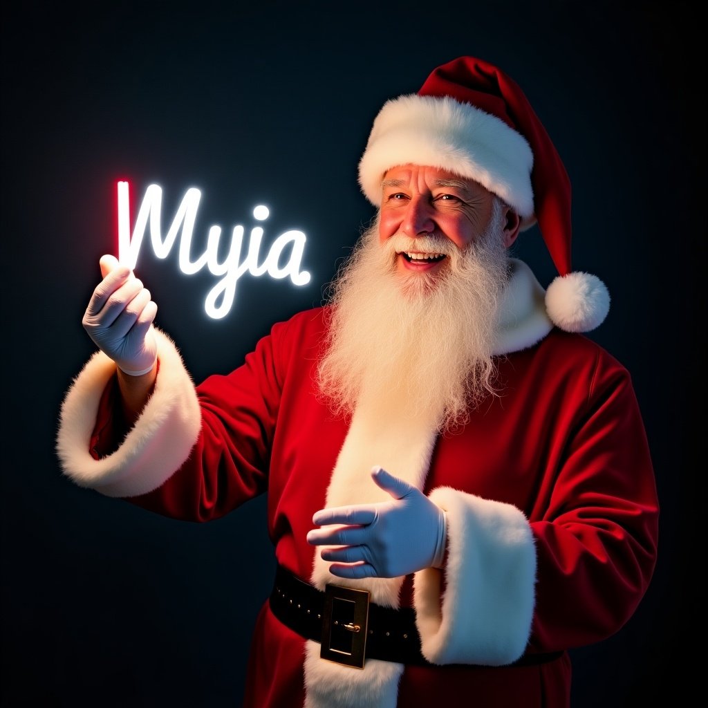 This image features Santa Claus wearing his traditional red and white suit. He is holding a glow stick that forms the name 'Myia' in bright light. Santa's expression is jolly, exuding warmth and holiday cheer. The background is dark, enhancing the glow of the text. This festive scene captures the magic of Christmas and the joy of the season.